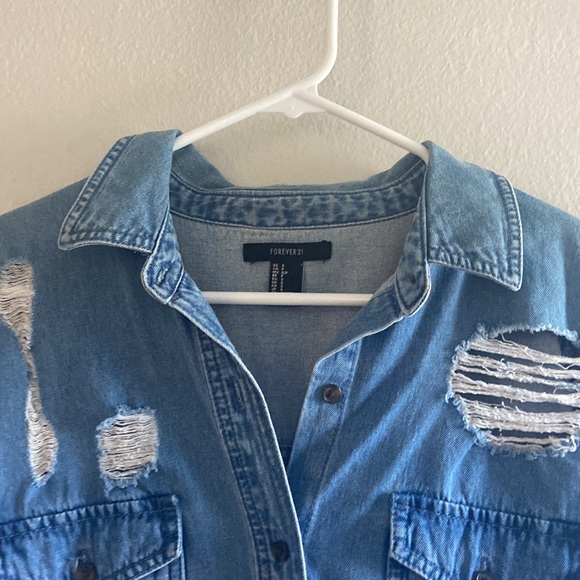 Forever 21 Distressed Denim Button Down Top - Picture 2 of 5